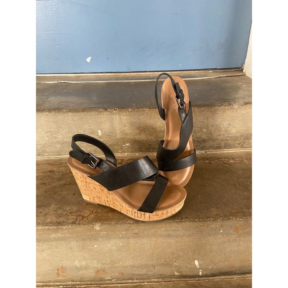 Franco Sarto Cadelle black leather cork wedge sandal